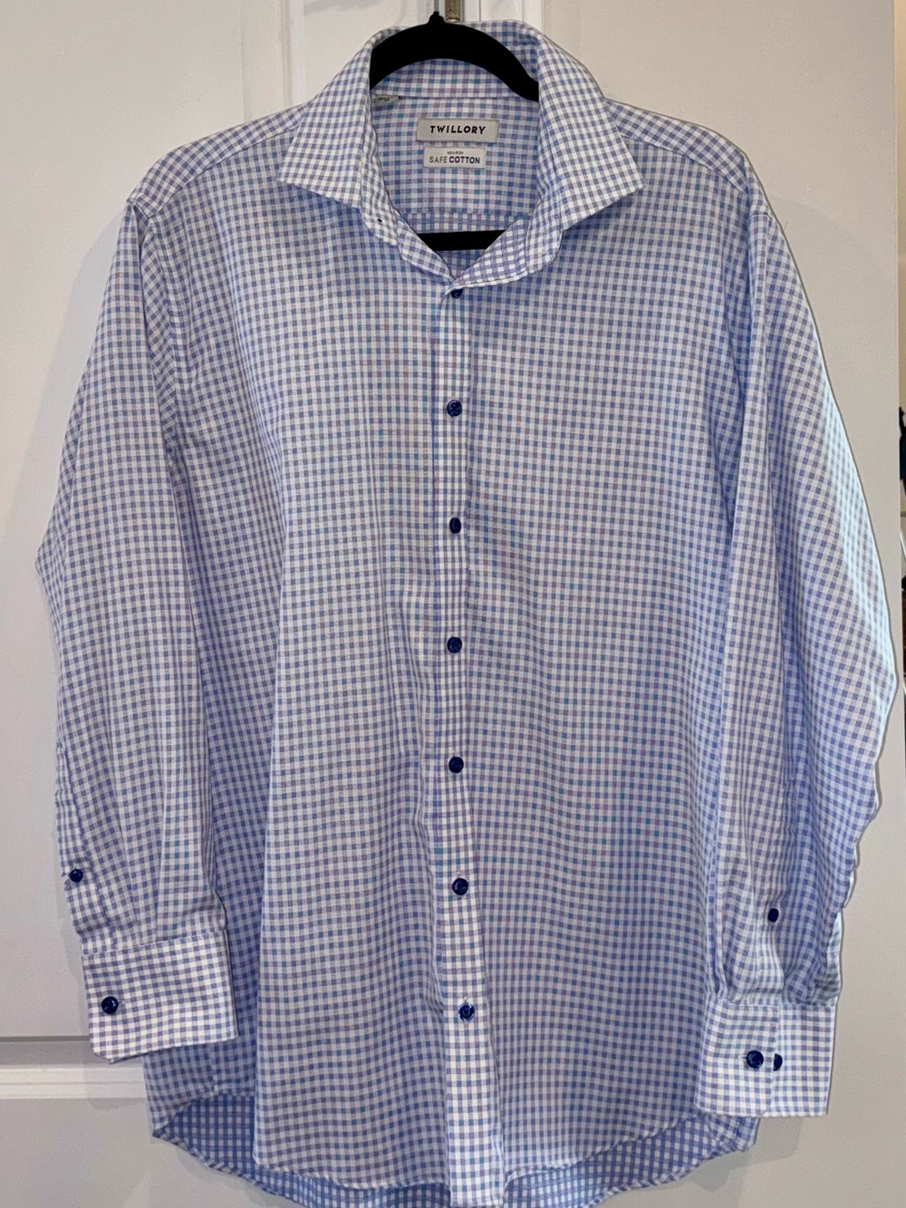 Twillory Blue Check Pattern Button Down Dress Shirt size 16.5 No Iron